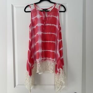 Papermoon Red and White Tie-Dye Blouse with Lace Hem